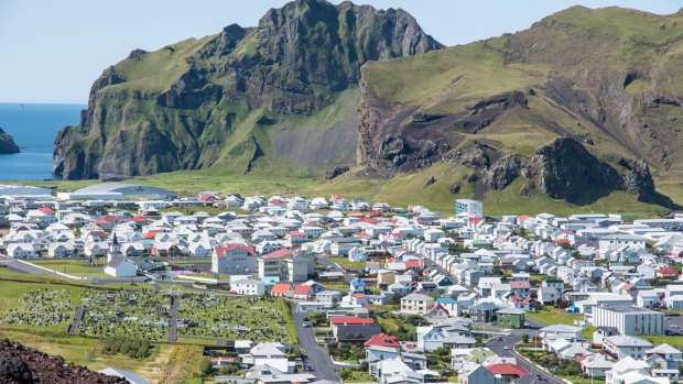 View over town of Heimaey in Iceland.