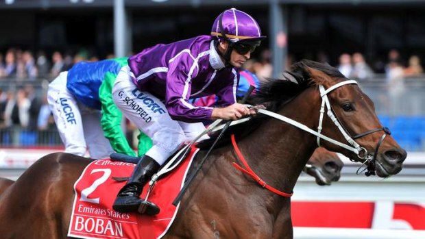 "Timing, patience and strength": Glyn Schofield takes the Emirates Stakes on Boban at Flemington on Saturday.