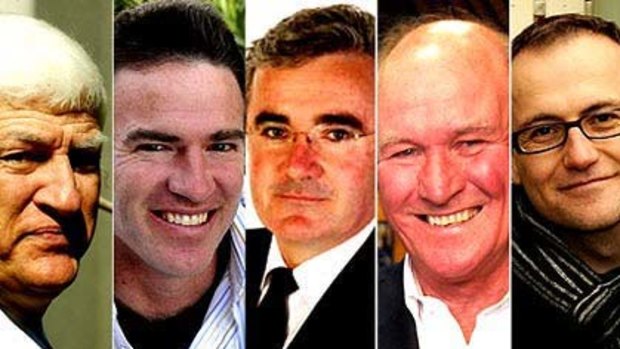 Decision time ... Bob Katter, Rob Oakeshott, Andrew Wilkie, Tony Windsor and Adam Bandt.