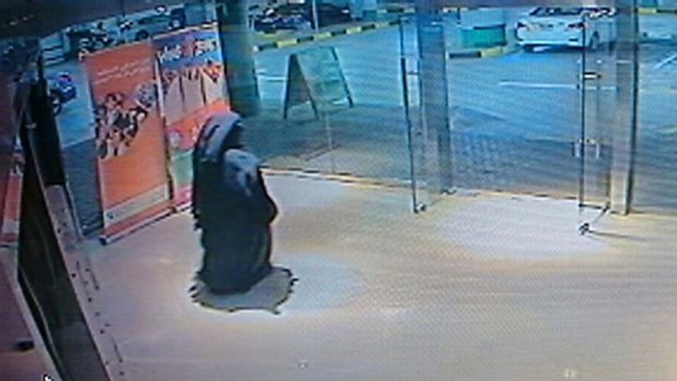 The suspect in the stabbing murder is seen on security camera footage in Abu Dhabi, United Arab Emirates.