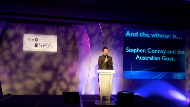 Communications Minister Stephen Conroy's censorship policy won him the Internet Villain of the Year trophy, awarded by the British internet industry.