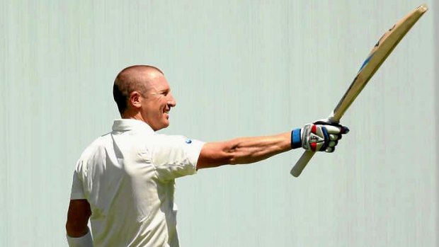Brad Haddin of Australia celebrates his century during the second Ashes Test at Adelaide Oval.