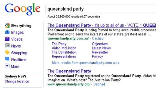 A Google search returns a link to a bogus Queensland Party website underneath the real one.