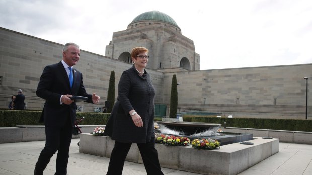 Australian War Memorial director Dr Brendan Nelson and Minister for Foreign Affairs Marise Payne at the National War Memorial.