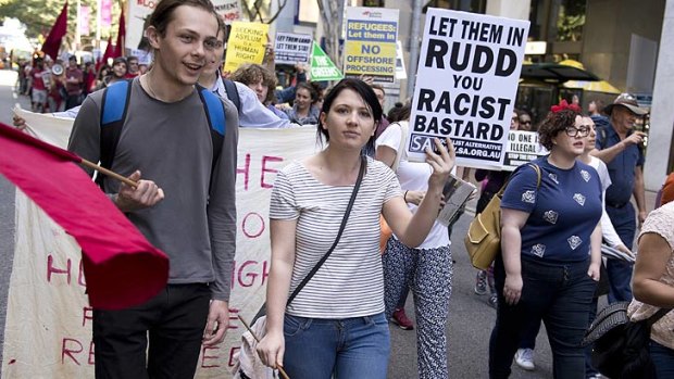 Brisbane crowds protest Kevin Rudd's so-called PNG solution.