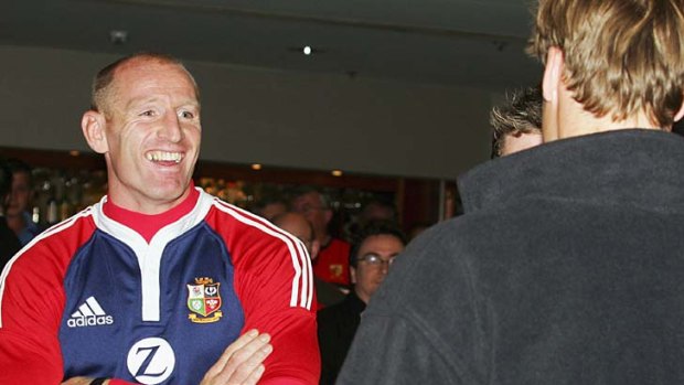 Openly gay rugby player Gareth Thomas meets Prince William (back turned) on the Lions tour of New Zealand in 2005.