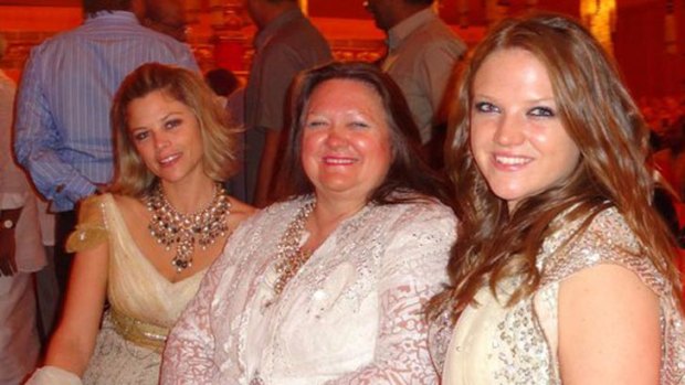 L-R: Bianca, new <i>Vogue</i> model, with Gina and Ginia Rinehart at a Bollywood-themed party in June.