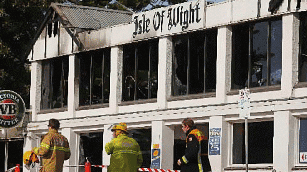 Firefighters at the scene of the blaze that destroyed the Isle of Wight Hotel in Cowes, Phillip Island, overnight.