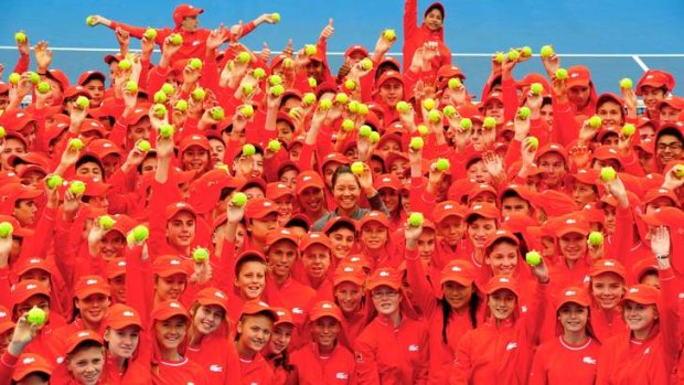 The squad of 380 ball kids who will be in action at next week's Australian Open, pictured with Chinese star Li Na (centre).