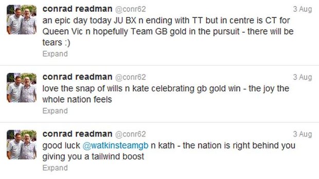 Tweets from Conrad Readman while he enjoyed the action at the London Olympics.