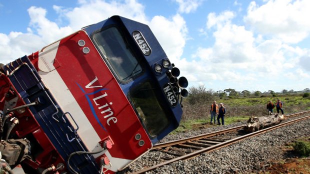 The locomotive that was derailed after winds blew trees on to the line near Colac.