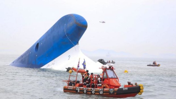 The Sewol ferry listed heavily on to its side and capsized.