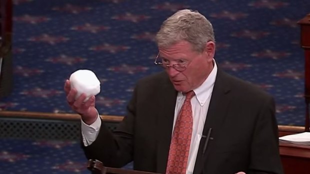 Republican Senator James Inhofe uses a snowball as a prop to argue against the science of climate change.