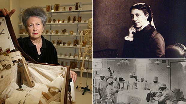 Pots of gold ... Elinor Wrobel, left, at the Lucy Osburn-Nightingale Museum, named after Lady Superintendent Lucy Osburn, pictured  top right in 1868. Bottom right, the Worrall Operating Theatre, which is now a lecture theatre.