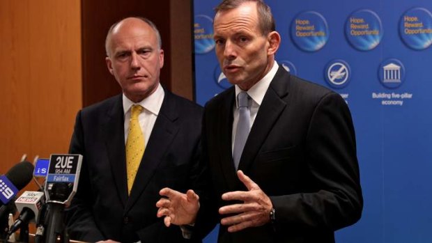 Opposition Leader Tony Abbott and Coalition spokesman on industrial relations Senator Eric Abetz launch the workplace policy in May.