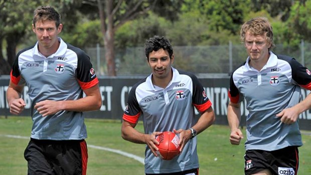 New Saints Tom Hickey, Trent Dennis-Lane and Tom Lee at a training session.