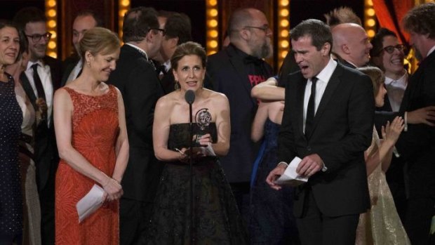 Winners: The cast of <i>Fun Home</i> celebrate winning the award for Best Musical at the Tony Awards.