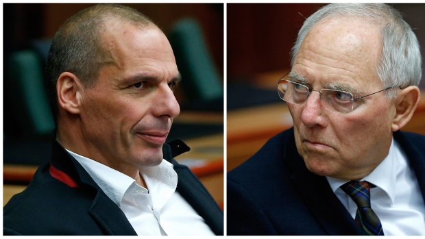 Four-month finance extension ... Greek Finance Minister Yanis Varoufakis (left) and German Finance Minister Wolfgang Schaueble at the euro zone Finance Ministers's meeting (Eurogroup) to discuss Athens' plans to reverse bailout austerity measures, in Brussels.