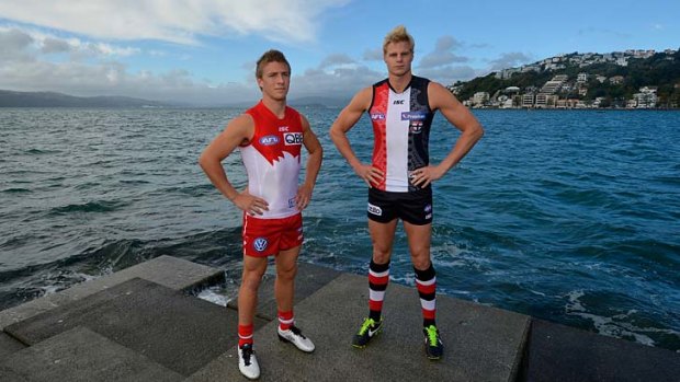 On edge: Kieren Jack and Nick Riewoldt in Wellington on Wednesday.