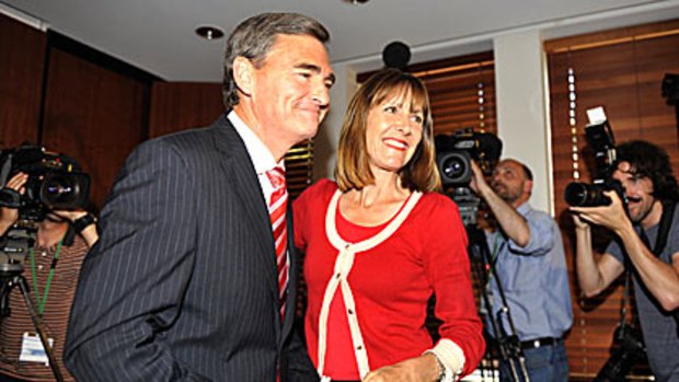 John Brumby with his wife Rosemary McKenzie shortly after the former premier conceded defeat this evening.