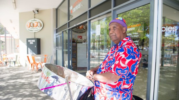 Seventy-nine-year-old Courtney Leiba, who has been playing the steel drums out the front of the Wanniassa shops, for more than 20 years has been told he can no longer play there.