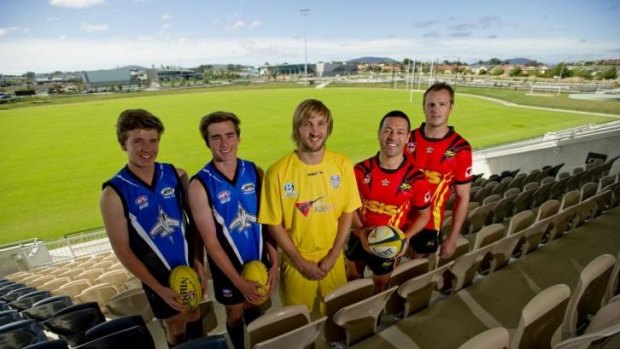 Joseph Looby, Zach Barton-Browne and of the Gungahlin Jets James Perry of Canberra City, Lincoln Withers  and Dave Howell  of the Gungahlin Eagles, at the new Gungahlin enclosed oval on Monday.