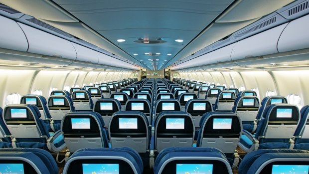 The rear of the main cabin on Hawaiian Airlines.