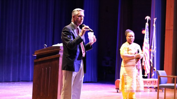 John Pratt introduces Nobel Peace laureate Leymah Gbowee at a recent chautauqua in Greensburg, Indiana.