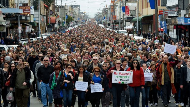 Tens of thousands of people walk up Sydney Road in Brunswick in a peace march following Jill Meagher's death.