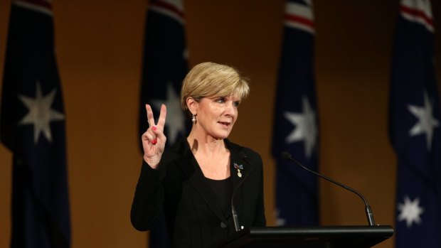 Foreign Affairs minister Julie Bishop delivers a message from the Maslin kids "peace out" at the Memorial Service for MH17 victims.