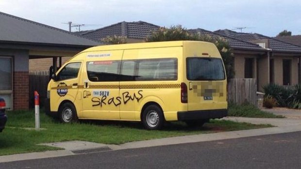A grafittied taxi in Conquest Drive, Werribee.