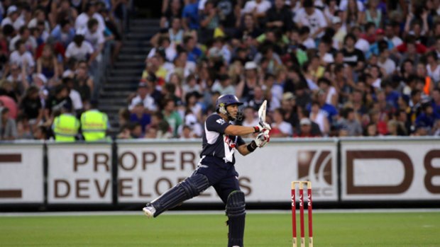 Brad Hodge during his 56-ball innings of 90 for Victoria against Tasmania.