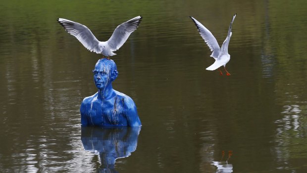 A seagull stands on the art-work "Where the Tides Ebb and Flow" by Argentinian artist Pedro Marzorati installed in a pond at the Montsouris park during the COP21, United Nations Climate Change Conference, in Paris, Wednesday, Dec. 2, 2015. (AP Photo/Francois Mori)