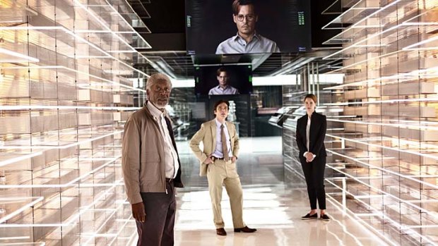 Morgan Freeman, Cillian Murphy, Johnny Depp and Rebecca Hall in <em>Transcendence</em>.