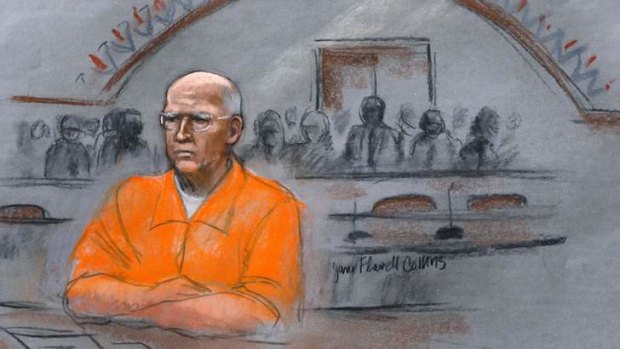 In this courtroom sketch, James "Whitey" Bulger sits at his sentencing hearing in federal court in Boston.