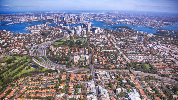 Sydney's lower north shore, looking south from Cammeray over the central business district. 