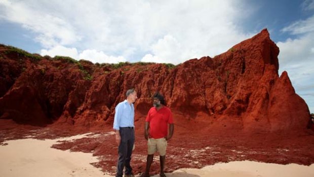 Bob Brown and a traditional owner, Joseph Roe, survey the area for a proposed LNG plant at James Price Point on the coast 60 kilometres north of Broome.