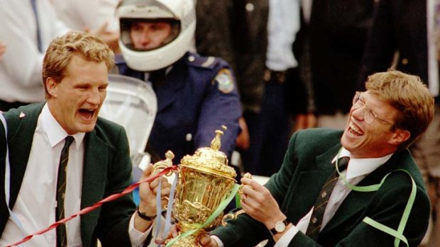 Glory days ... Michael Lynagh and and Nick Farr-Jones share a laugh during the ticketape parade after winning the 1991 World Cup in England.