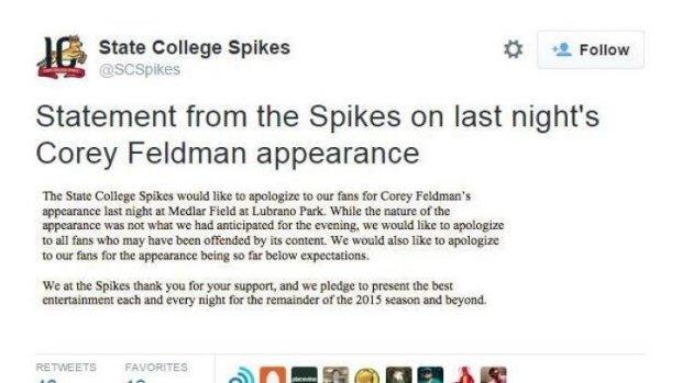 Tweet from State College Spikes minor league baseball team about Corey Feldman's performance.