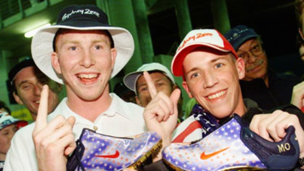 Golden moment ... Ben Harper, left, and Brian de la Porte in 2000, after catching Maurice Greene’s shoes at the Sydney Olympics.