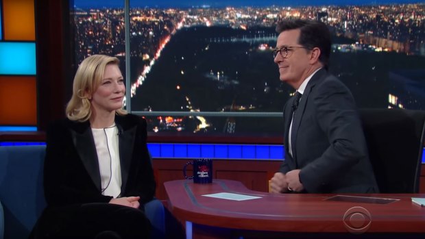 Blanchett left host Colbert flustered with an unexpected vagina joke.