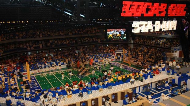 Lego model of Lucas Oil Stadium in Indianapolis, home of Super