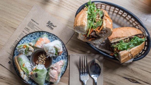 Five spice pork banh mi and a selection of house rice paper rolls.