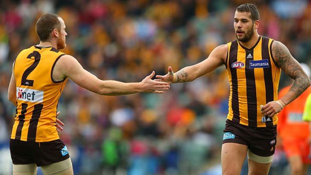 Key Hawks: Jarryd Roughead and Lance Franklin present problems for the Dockers.