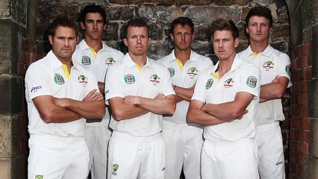 Ryan Harris, Mitchell Starc, Peter Siddle, James Pattinson, James Faulkner and Jackson Bird of Australia on the Ashes tour in July. Starc, Pattinson and Bird are sidelined by injury for the summer Ashes series.