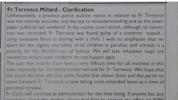 The clarification that appeared in the Parish newsletter after the church community was misled into believing the case against Father Millard had been dismissed.