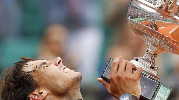 Rafael Nadal of Spain pictured with watch after defeating Novak Djokovic of Serbia at the French Open tennis tournament.
