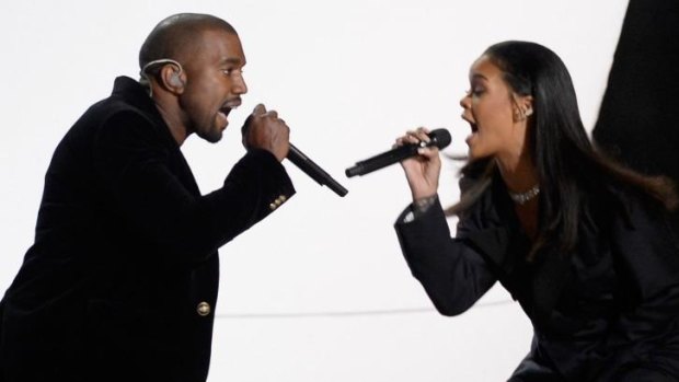 Kanye West and Rihanna perform <i>FourFiveSeconds</i> during the Grammys.