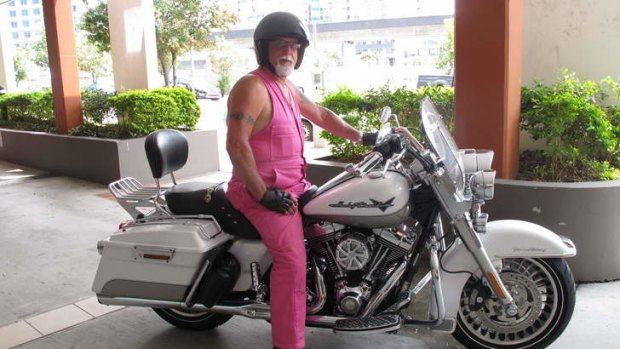 Trevor Acton's pink protest against the government's anti-bikie laws.