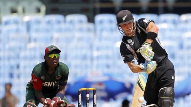 New Zealand opener Brendon McCullum in an aggressive mood during the farcical run-chase against Kenya.
